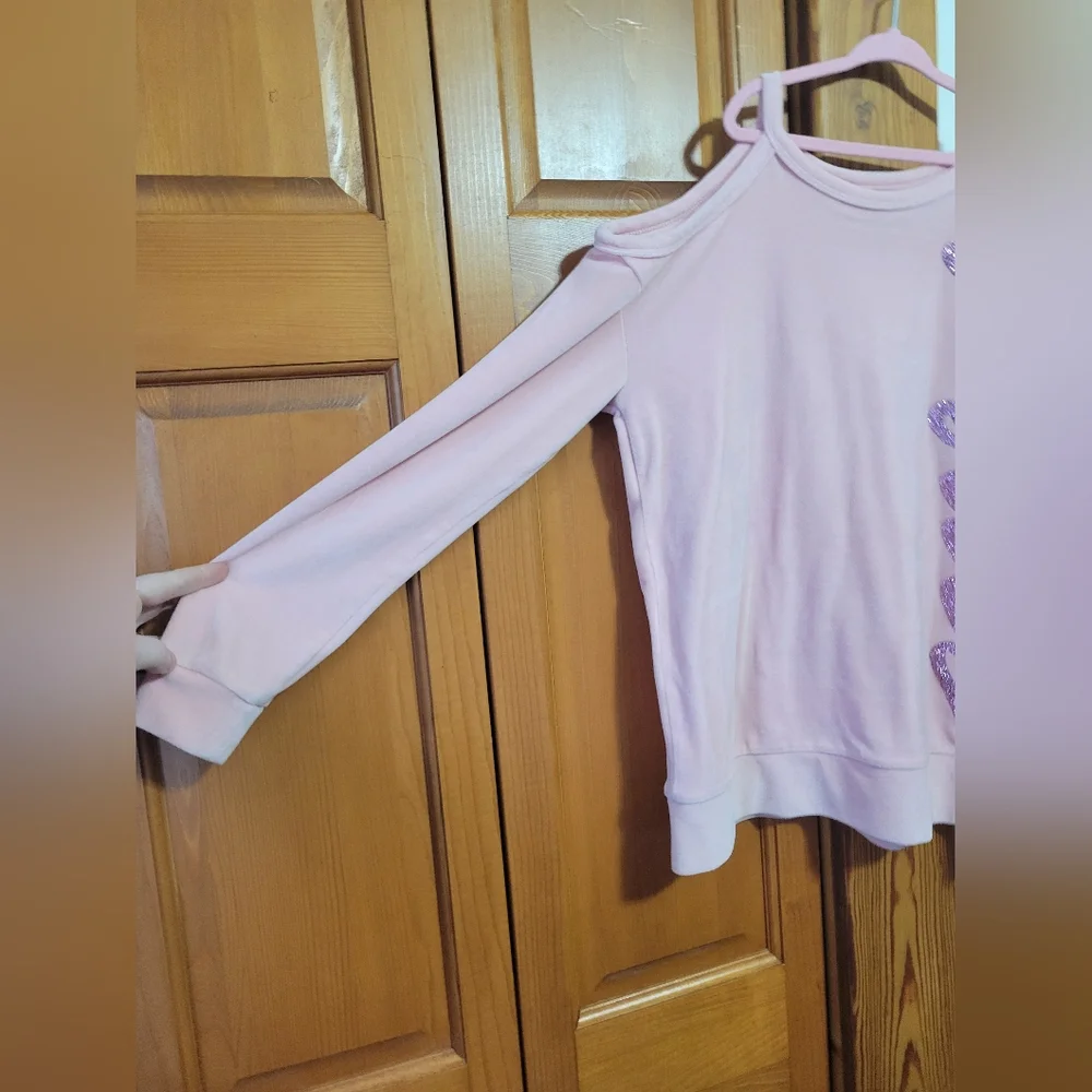 Justice Velvet cold shoulder sweater top with fushia pink Glitter Script 14/16